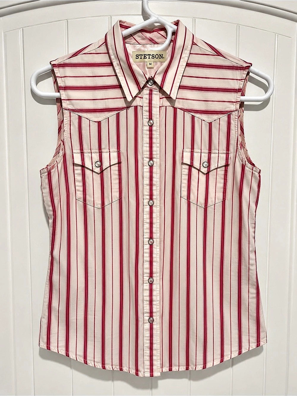 Stetson Womens Medium Pink Stripe Sleeveless Western Pearl Snap Shirt